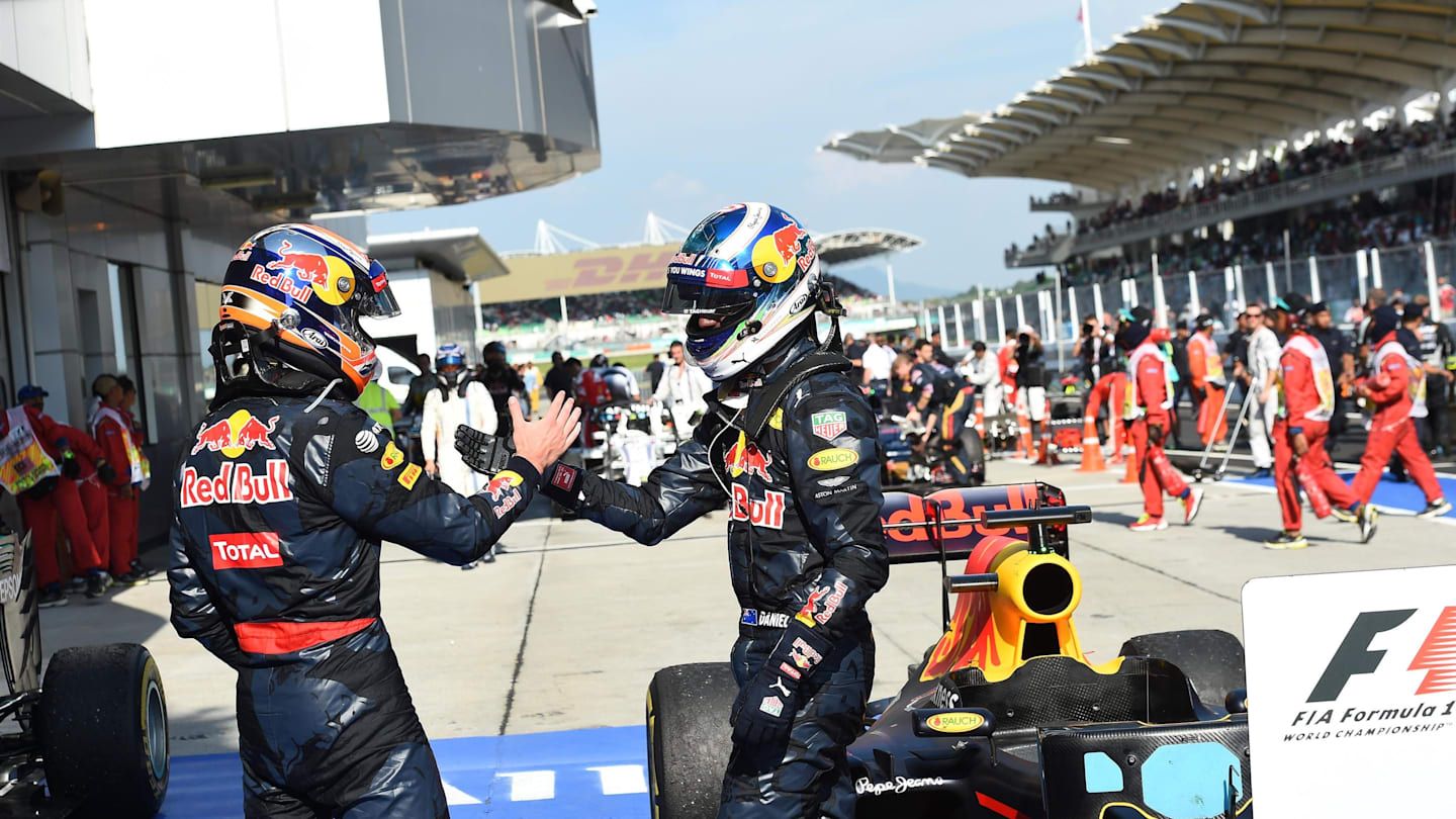 Race winner Daniel Ricciardo (AUS) Red Bull Racing and Max Verstappen (NED) Red Bull Racing RB12 celebrate in parc ferme at Formula One World Championship, Rd16, Malaysian Grand Prix, Race,  Sepang, Malaysia, Sunday 2 October 2016. © Sutton Images