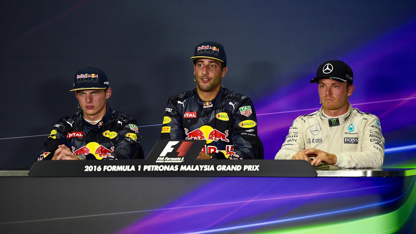 aMax Verstappen (NED) Red Bull Racing, Daniel Ricciardo (AUS) Red Bull Racing and Nico Rosberg (GER) Mercedes AMG F1 in the Press Conference at Formula One World Championship, Rd16, Malaysian Grand Prix, Race,  Sepang, Malaysia, Sunday 2 October 2016. © Sutton Images