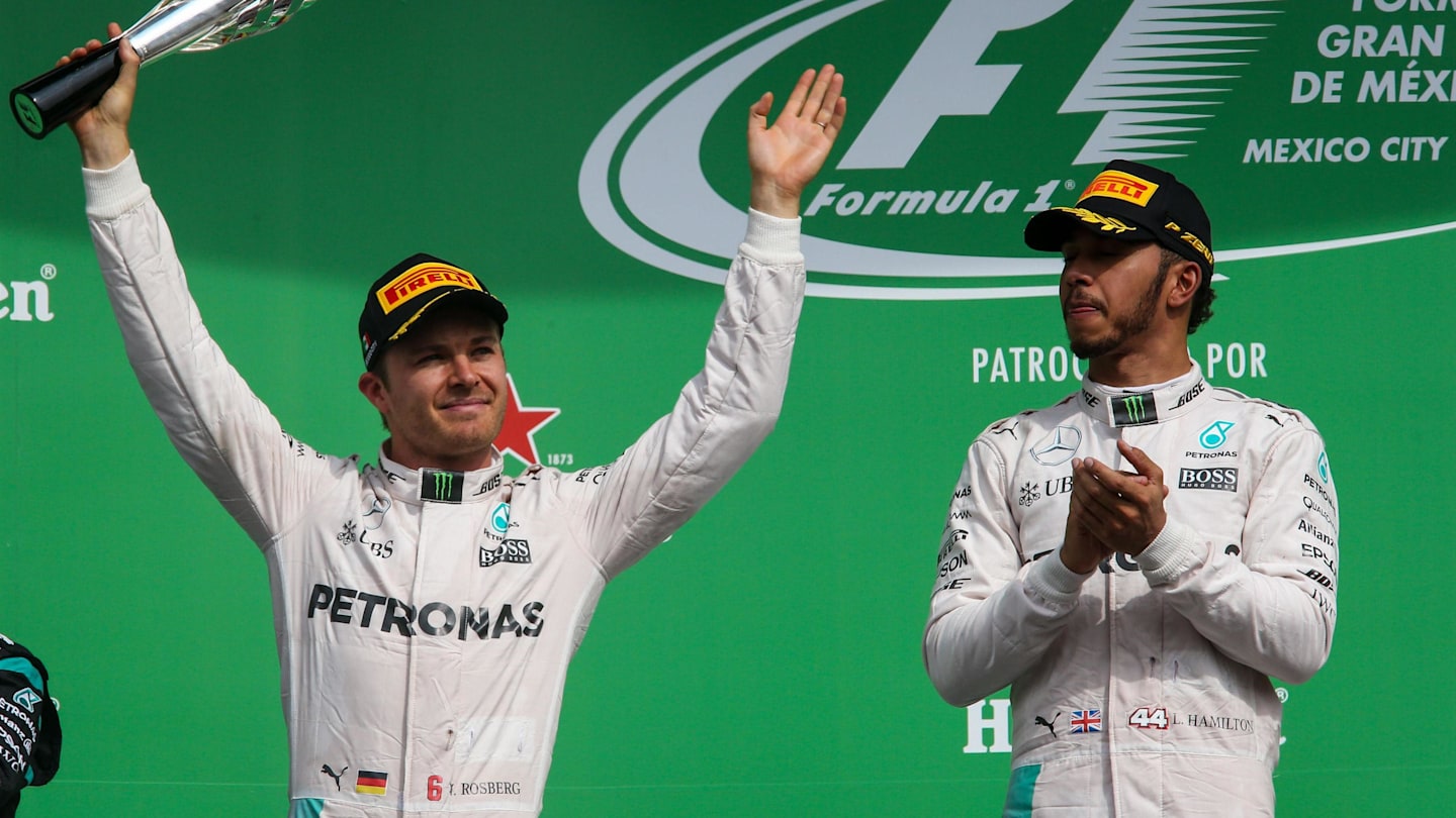 Nico Rosberg (GER) Mercedes AMG F1 and Lewis Hamilton (GBR) Mercedes AMG F1 celebrate on the podium