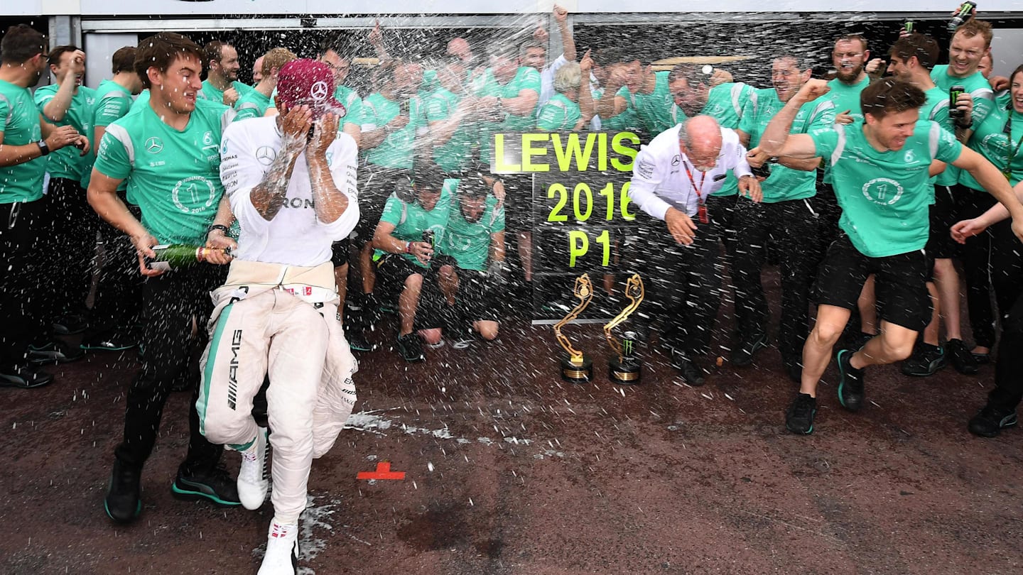 Lewis Hamilton (GBR) Mercedes AMG F1 celebrates with the team and the champagne at Formula One