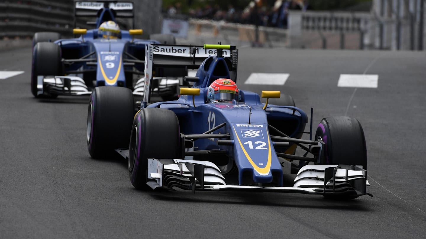 Felipe Nasr (BRA) Sauber C35 leads Marcus Ericsson (SWE) Sauber C35 at Formula One World