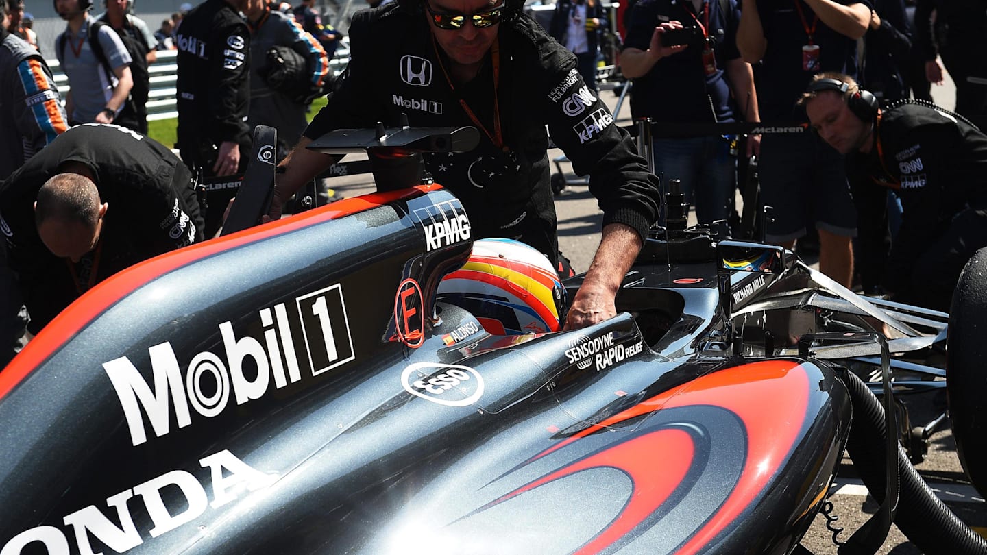Fernando Alonso (ESP) McLaren MP4-31 on the grid at Formula One World Championship, Rd4, Russian