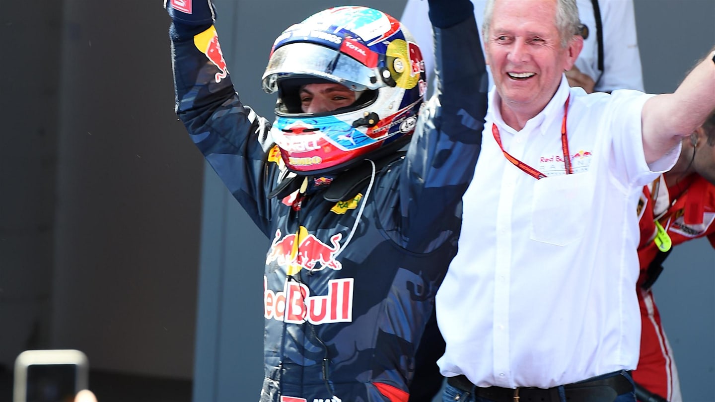 Dr Helmut Marko (AUT) Red Bull Motorsport Consultant celebrates with race winner Max Verstappen