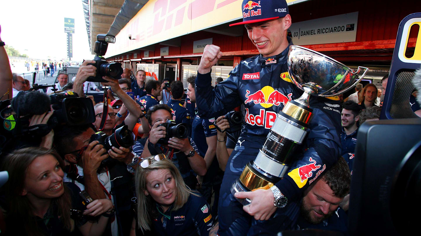 Race winner Max Verstappen (NED) Red Bull Racing celebrates with the trophy at Formula One World