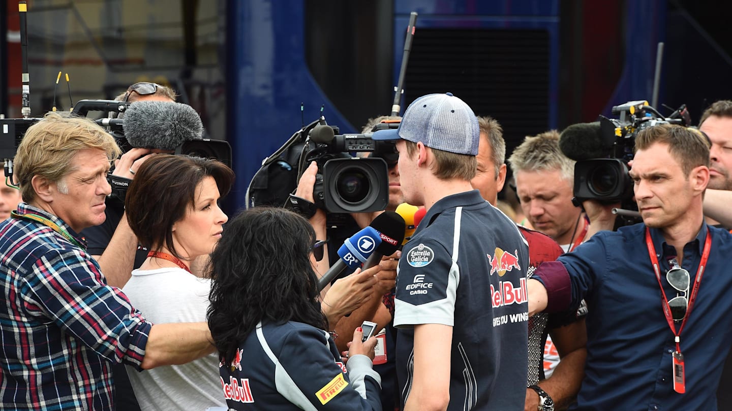 Daniil Kvyat (RUS) Scuderia Toro Rosso talks with the media at Formula One World Championship, Rd5,