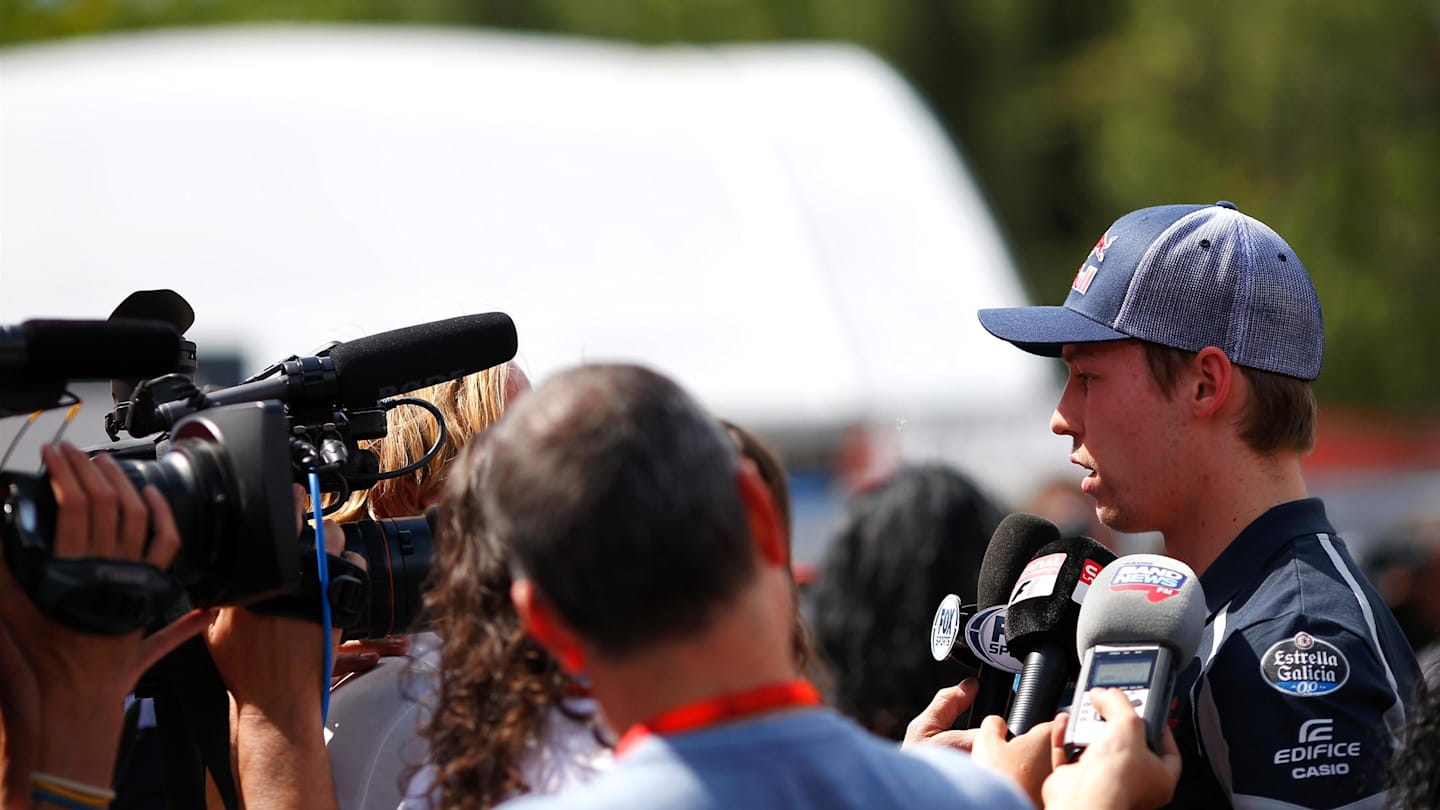 Daniil Kvyat (RUS) Scuderia Toro Rosso talks with the media at Formula One World Championship, Rd5,