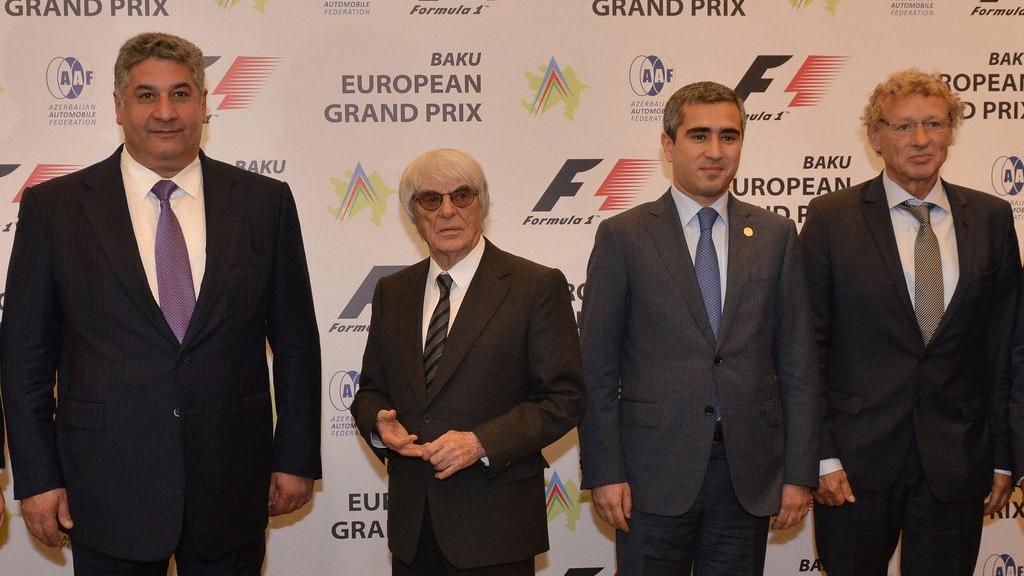 (L to R) Azad Rahimov, Azerbaijan's Minister of Youth and Sport; Formula One group CEO Bernie Ecclestone; Anar Alakbarov, Executive Director of the Heydar Aliyev Foundation and the president of Azerbaijan Automobile Federation; circuit designer Hermann Tilke. Unveiling of the Baku European Grand Prix street circuit at a special press event in Baku, Azerbaijan, October 7, 2014 © Baku Grand Prix