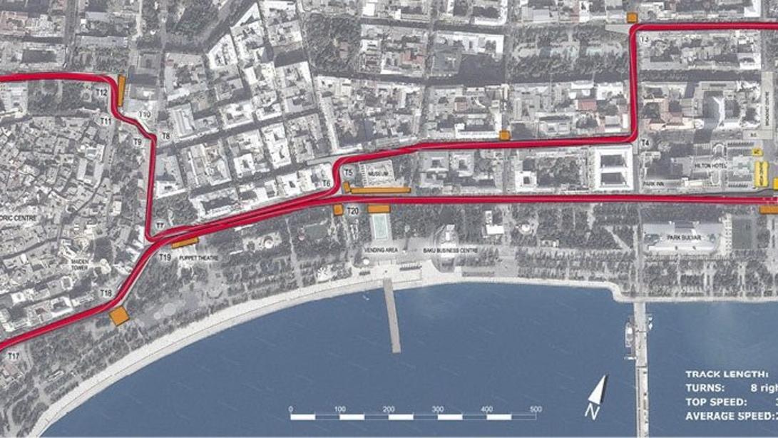The layout of the exciting new Hermann Tilke-designed Baku European Grand Prix street circuit, as unveiled by Formula One group CEO Bernie Ecclestone and Azad Rahimov, Azerbaijan's Minister of Youth and Sport at a special press event in Baku, Azerbaijan, October 7, 2014 © Baku Grand Prix