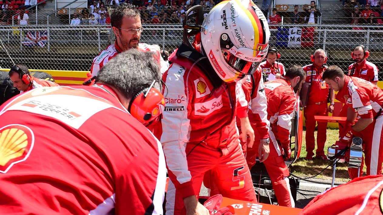 Sebastian Vettel (GER) Ferrari SF15-T on the grid at Formula One World Championship, Rd5, Spanish Grand Prix Qualifying, Barcelona, Spain, Saturday 9 May 2015. © Sutton Motorsport Images