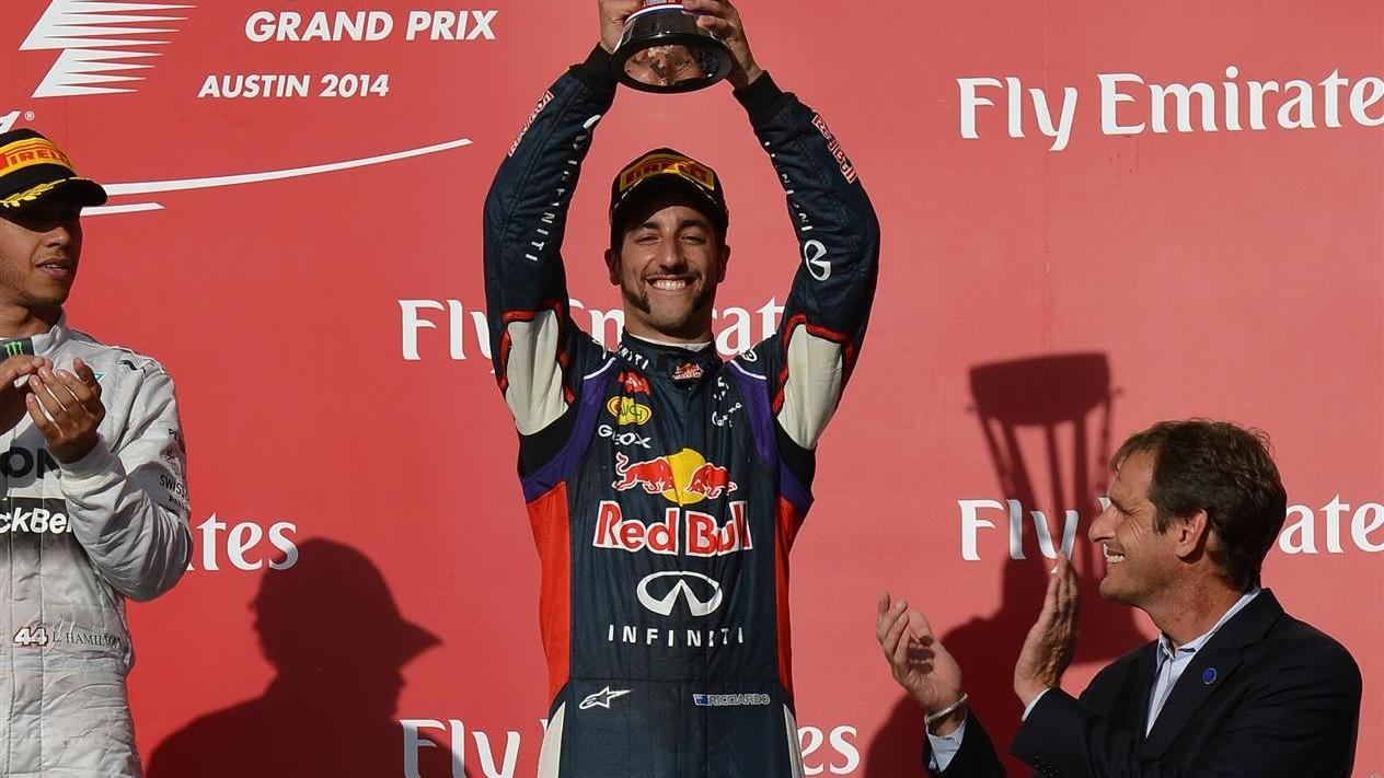 Daniel Ricciardo (AUS) Red Bull Racing celebrates on the podium. Formula One World Championship, Rd17, United States Grand Prix, Race, Austin, Texas, USA, Sunday, 2 November 2014