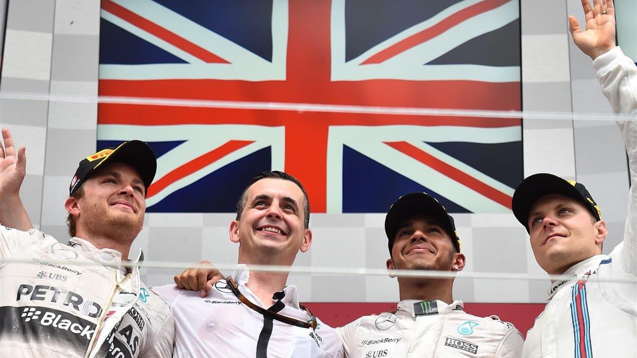 (L to R): Nico Rosberg (GER) Mercedes AMG F1, Lewis Hamilton (GBR) Mercedes AMG F1 and Valtteri Bottas (FIN) Williams celebrate on the Podium at Formula One World Championship, Rd7, Canadian Grand Prix, Race, Montreal, Canada, Sunday 7 June 2015. © Sutton Motorsport Images