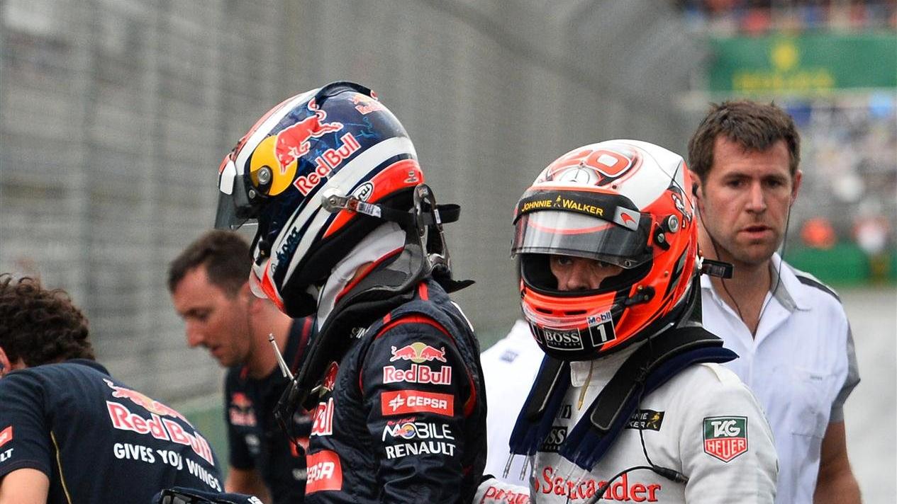 Kevin Magnussen (DEN) McLaren and Daniil Kyvat (RUS) Scuderia Toro Rosso in parc ferme. Formula One World Championship, Rd1, Australian Grand Prix, Qualifying, Albert Park, Melbourne, Australia, Saturday, 15 March 2014