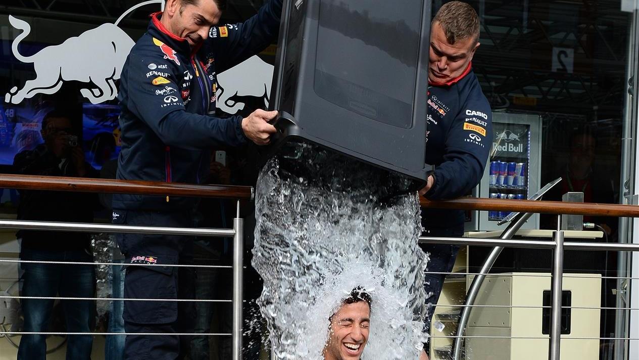 Daniel Ricciardo (AUS) Red Bull Racing takes the ice bucket challenge. Formula One World Championship, Rd12, Belgian Grand Prix, Preparations, Spa-Francorchamps, Belgium, Thursday, 21 August 2014 © Sutton Images. No reproduction without permission