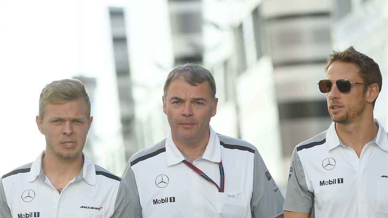 (L to R): Kevin Magnussen (DEN) McLaren, Dave Redding (GBR) McLaren and Jenson Button (GBR) McLaren. Formula One World Championship, Rd16, Russian Grand Prix, Practice, Sochi Autodrom, Sochi, Krasnodar Krai, Russia, Friday, 10 October 2014