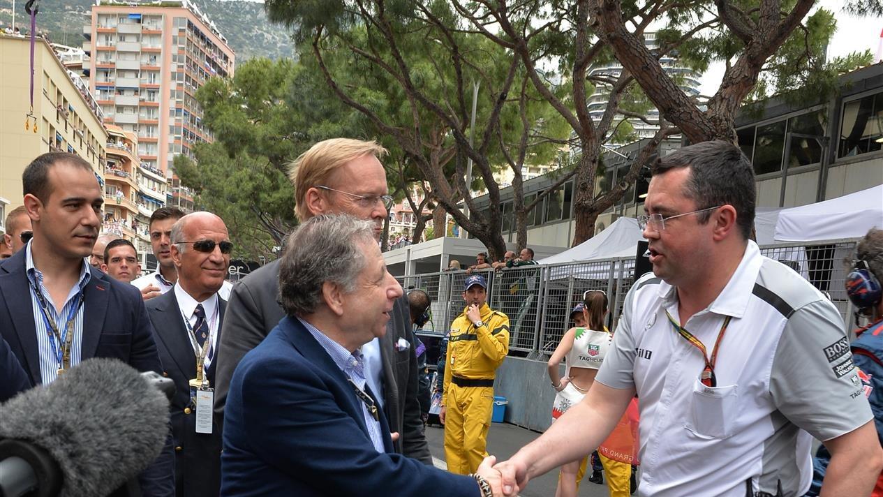 Jean Todt (FRA) FIA President, Ari Vatenen (FIN) and Eric Boullier (FRA) McLaren Racing Director on the grid. Formula One World Championship, Rd6, Monaco Grand Prix, Race, Monte-Carlo, Monaco, Sunday, 25 May 2014. © Sutton Images
