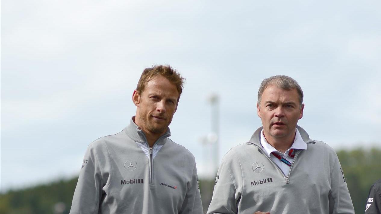 Jenson Button (GBR) McLaren and Dave Redding (GBR) McLaren. Formula One World Championship, Rd12, Belgian Grand Prix, Practice, Spa-Francorchamps, Belgium, Friday, 22 August 2014