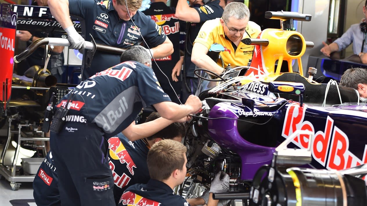 The car of Daniel Ricciardo (AUS) Red Bull Racing RB11 is worked on in the garage at Formula One World Championship, Rd5, Spanish Grand Prix Practice, Barcelona, Spain, Friday 8 May 2015. © Sutton Motorsport Images