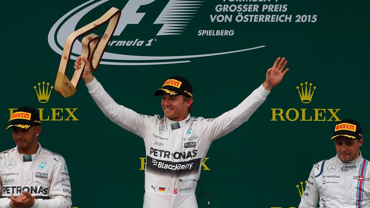 (L to R): Lewis Hamilton (GBR) Mercedes AMG F1, race winner Nico Rosberg (GER) Mercedes AMG F1 and Felipe Massa (BRA) Williams celebrate on the podium with their trophies at Formula One World Championship, Rd8, Austrian Grand Prix, Race, Spielberg, Austria, Sunday 21 June 2015. © Sutton Motorsport Images