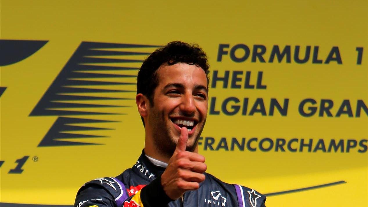 Race winner Daniel Ricciardo (AUS) Red Bull Racing on the podium. Formula One World Championship, Rd12, Belgian Grand Prix, Race Day, Spa-Francorchamps, Belgium, Sunday, 24 August 2014. © Sutton Images