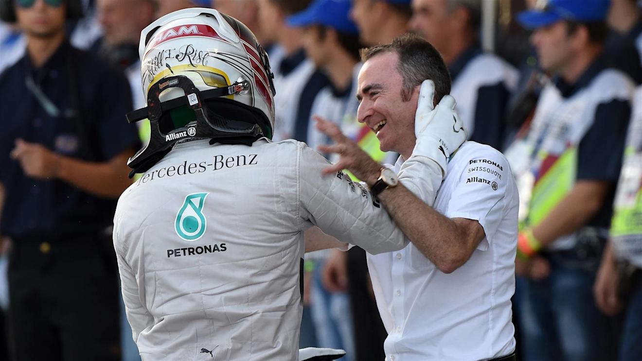 Race winner Lewis Hamilton (GBR) Mercedes AMG F1 celebrates in parc ferme with Paddy Lowe (GBR) Mercedes AMG F1 Executive Director (Technical). Formula One World Championship, Rd16, Russian Grand Prix, Race, Sochi Autodrom, Sochi, Krasnodar Krai, Russia, Sunday, 12 October 2014 © Sutton Images. No reproduction without permission