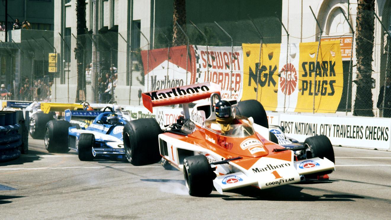 James Hunt's McLaren is launched into the air at the first corner after contact with John Watson's Brabham. United States Grand Prix West, Rd 4, Long Beach, USA, 3 April 1977. © Sutton Images. No reproduction without permission