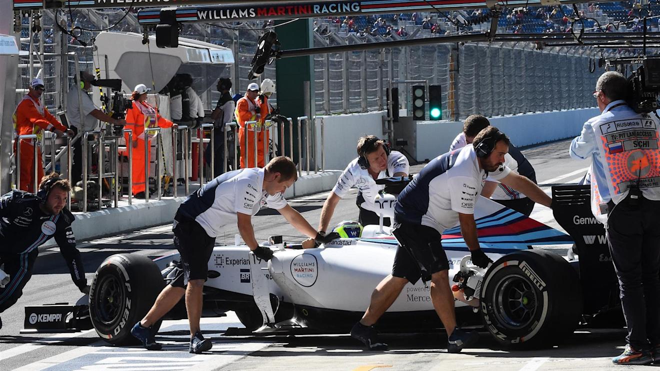 Felipe Massa (BRA) Williams FW36 is pushed back into the garage. Formula One World Championship, Rd16, Russian Grand Prix, Qualifying, Sochi Autodrom, Sochi, Krasnodar Krai, Russia, Saturday, 11 October 2014 © Sutton Images. No reproduction without permission