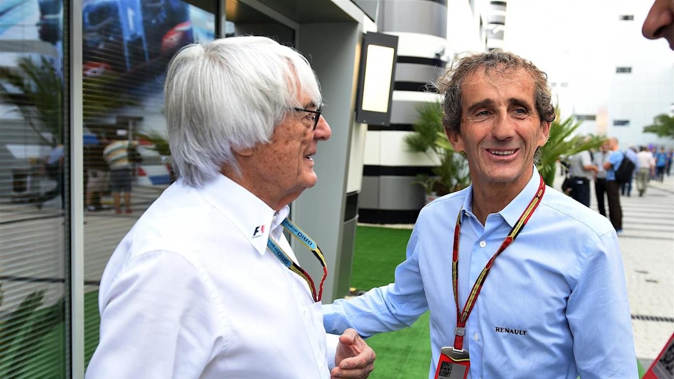 Bernie Ecclestone (GBR) CEO Formula One Group (FOM) and Alain Prost (FRA). Formula One World Championship, Rd16, Russian Grand Prix, Practice, Sochi Autodrom, Sochi, Krasnodar Krai, Russia, Friday, 10 October 2014 © Sutton Images. No reproduction without permission
