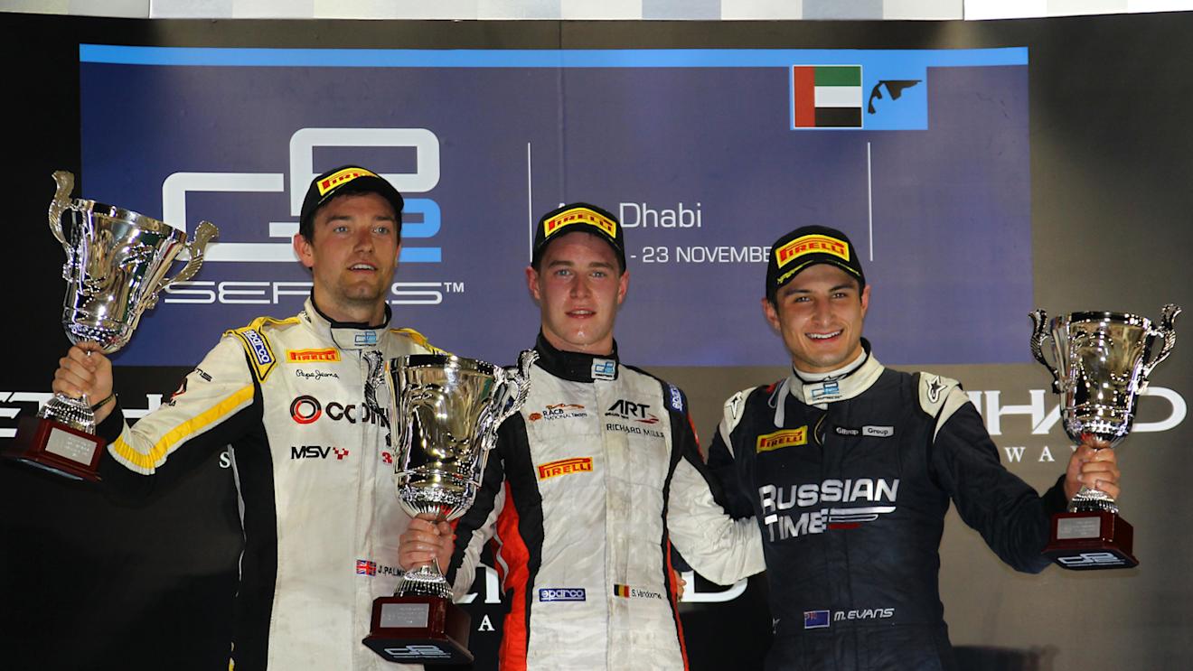 Race one podium (L to R): Second placed Jolyon Palmer (GBR) DAMS, race winner Stoffel Vandoorne (BEL) ART Grand Prix and third placed Mitch Evans (NZL) Russian Time. GP2 Series, Rd11, Yas Marina Circuit, Abu Dhabi, UAE, 21-23 November 2014