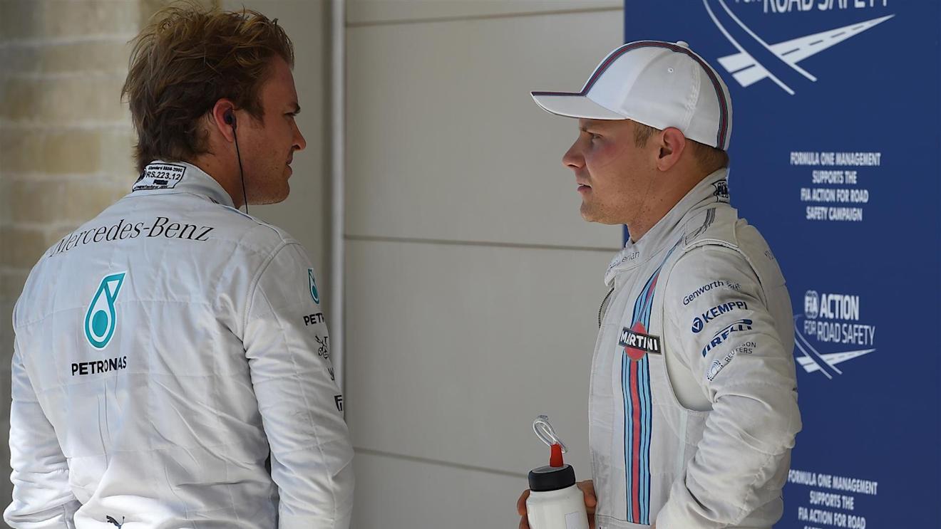 Pole position sitter Nico Rosberg (GER) Mercedes AMG F1 chats to third placed Valtteri Bottas (FIN) Williams Martini Racing in parc ferme. Formula One World Championship, Rd17, United States Grand Prix, Qualifying, Austin, Texas, USA, Saturday, 1 November 2014 
