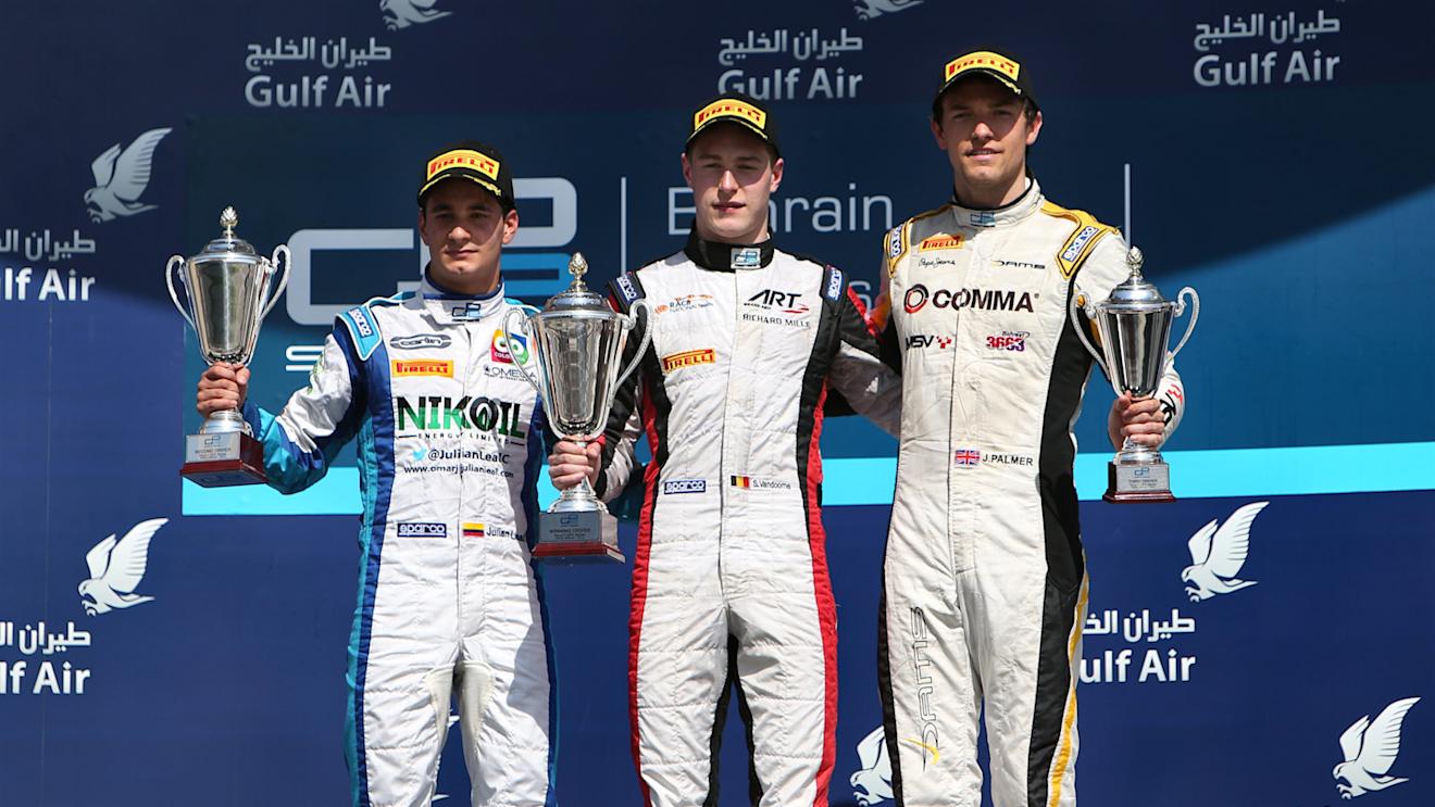 (L to R): Second placed Julian Leal (COL) Carlin, race winner Stoffel Vandoorne (BEL) ART Grand Prix and third placed Jolyon Palmer (GBR) DAMS celebrate on the podium. GP2 Series, Rd1, Bahrain International Circuit, Sakhir, Bahrain, 3-6 April 2014