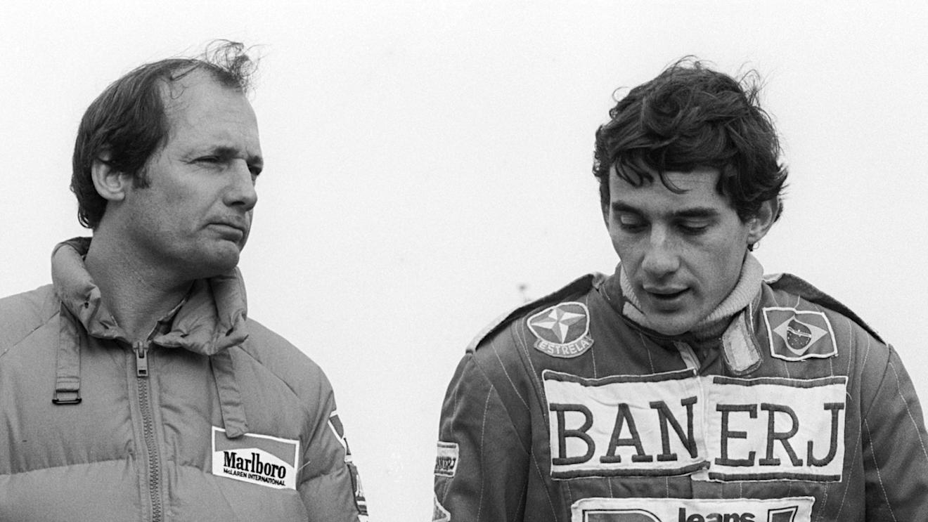 L-R: McLaren boss Ron Dennis (GBR) with Ayrton Senna (BRA) during a McLaren F1 test for F3 drivers. Formula One Testing, Silverstone, England, 25 October 1983.
