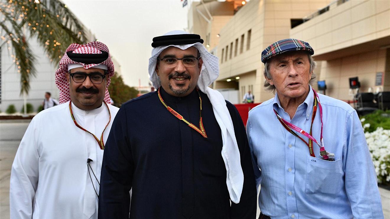 (L to R): Sheikh Abdallah Al Khalifa (BRN) Private Secretary to Crown Prince Shaikh Salman bin Isa Hamad Al Khalifa (BRN), Crown Prince Shaikh Salman bin Isa Hamad Al Khalifa (BRN) and Jackie Stewart (GBR). Formula One World Championship, Rd3, Bahrain Grand Prix, Practice, Bahrain International Circuit, Sakhir, Bahrain, Friday, 4 April 2014