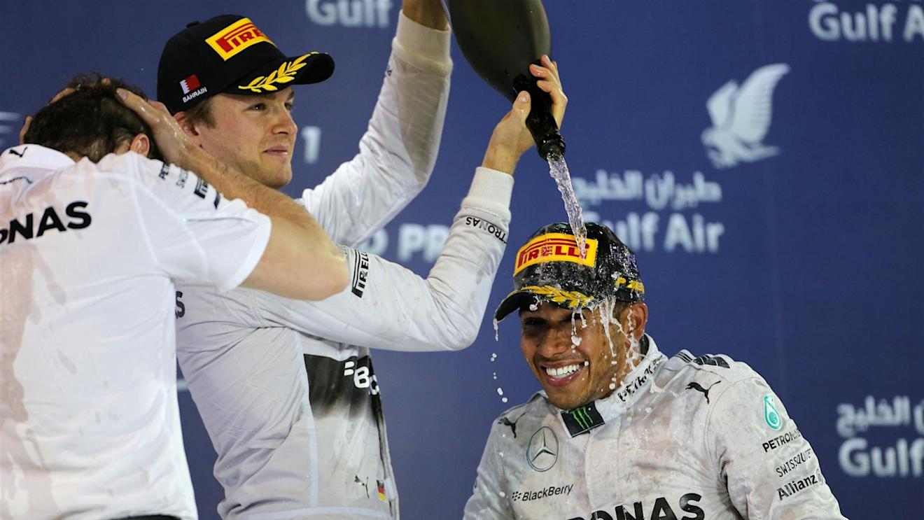 Race winner Lewis Hamilton (GBR) Mercedes AMG F1 celebrates on the podium. Formula One World Championship, Rd3, Bahrain Grand Prix, Race, Bahrain International Circuit, Sakhir, Bahrain, Sunday, 6 April 2014