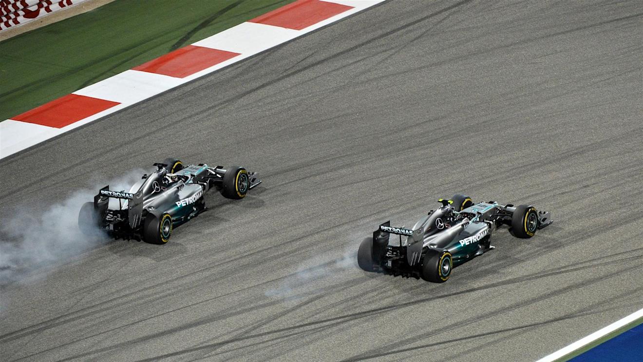 Nico Rosberg (GER) Mercedes AMG F1 W05 leads Lewis Hamilton (GBR) Mercedes AMG F1 W05. Formula One World Championship, Rd3, Bahrain Grand Prix, Race, Bahrain International Circuit, Sakhir, Bahrain, Sunday, 6 April 2014
