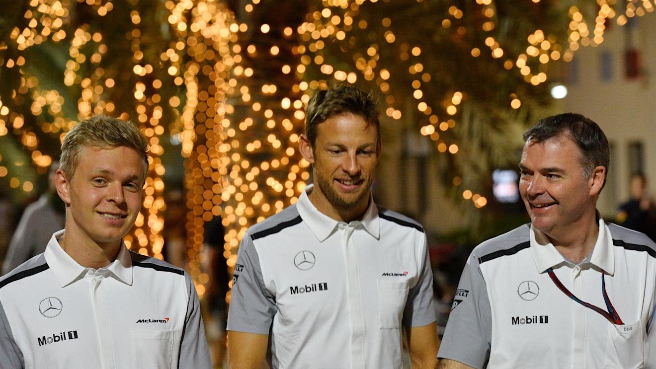 (L to R): Kevin Magnussen (DEN) McLaren, Jenson Button (GBR) McLaren and Dave Redding (GBR) McLaren. Formula One World Championship, Rd3, Bahrain Grand Prix, Practice, Bahrain International Circuit, Sakhir, Bahrain, Friday, 4 April 2014