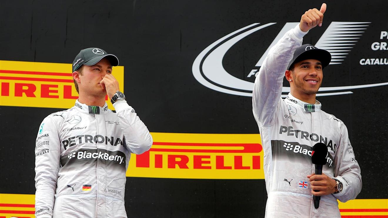 Podium and results: 1st Lewis Hamilton (GBR) Mercedes AMG F1, right. 2nd Nico Rosberg (GER) Mercedes AMG F1, left. Formula One World Championship, Rd5, Spanish Grand Prix, Race, Barcelona, Spain, Sunday, 11 May 2014