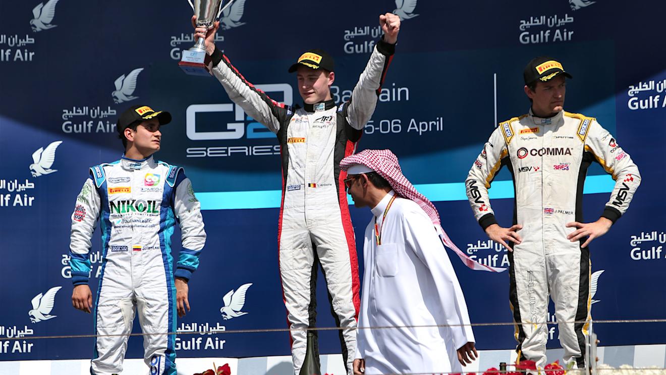 Second placed Julian Leal (COL) Carlin, race winner Stoffel Vandoorne (BEL) ART Grand Prix and third placed Jolyon Palmer (GBR) DAMS celebrate on the podium. GP2 Series, Rd1, Bahrain International Circuit, Sakhir, Bahrain, 3-6 April 2014