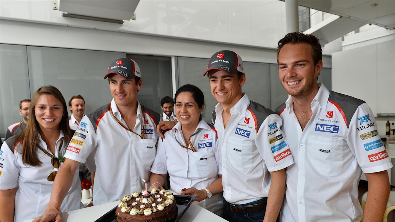 Happy Birthday to Monisha Kaltenborn (AUT) Sauber Team Principal. (L to R): Simona de Silvestro (SUI) Sauber; Adrian Sutil (GER) Sauber; Monisha Kaltenborn (AUT) Sauber Team Prinicpal; Esteban Gutierrez (MEX) Sauber and Giedo van der Garde (NDL) Sauber Test and Reserve Driver. Formula One World Championship, Rd5, Spanish Grand Prix, Qualifying, Barcelona, Spain, Saturday, 10 May 2014