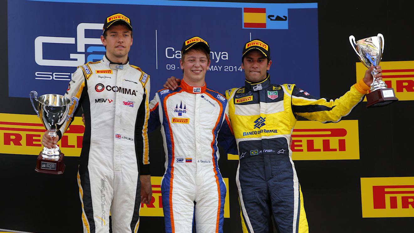 Race 1 podium and results: 1st Johnny Cecotto (COL) Trident, centre. 2nd Jolyon Palmer (GBR) DAMS, left. 3rd Felipe Nasr (BRA) Carlin, right. GP2 Series, Rd2, Barcelona, Spain, 9-11 May 2014.
