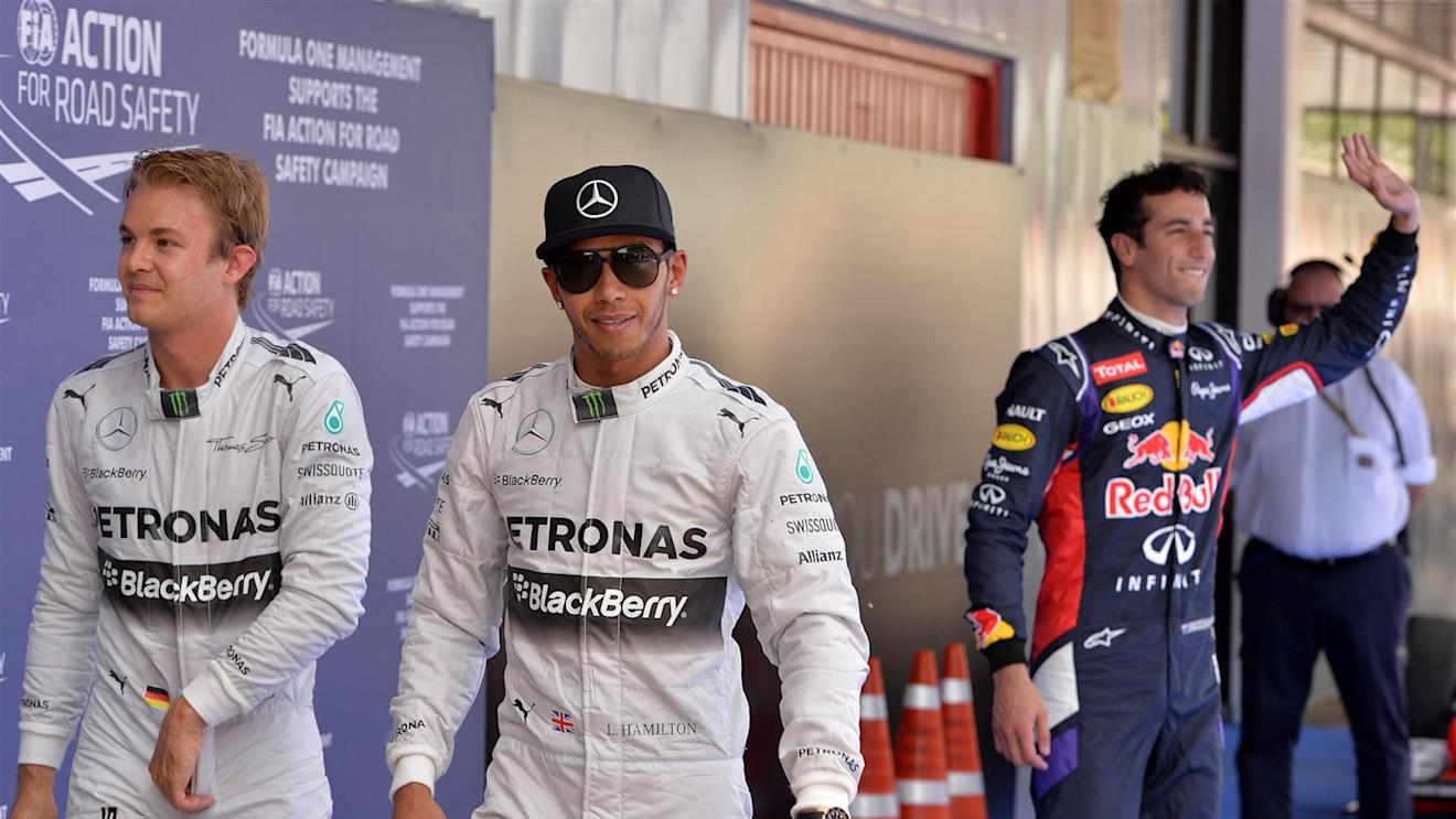 (L to R): Nico Rosberg (GER) Mercedes AMG F1, pole sitter Lewis Hamilton (GBR) Mercedes AMG F1 and Daniel Ricciardo (AUS) Red Bull Racing in parc ferme. Formula One World Championship, Rd5, Spanish Grand Prix, Qualifying, Barcelona, Spain, Saturday, 10 May 2014
