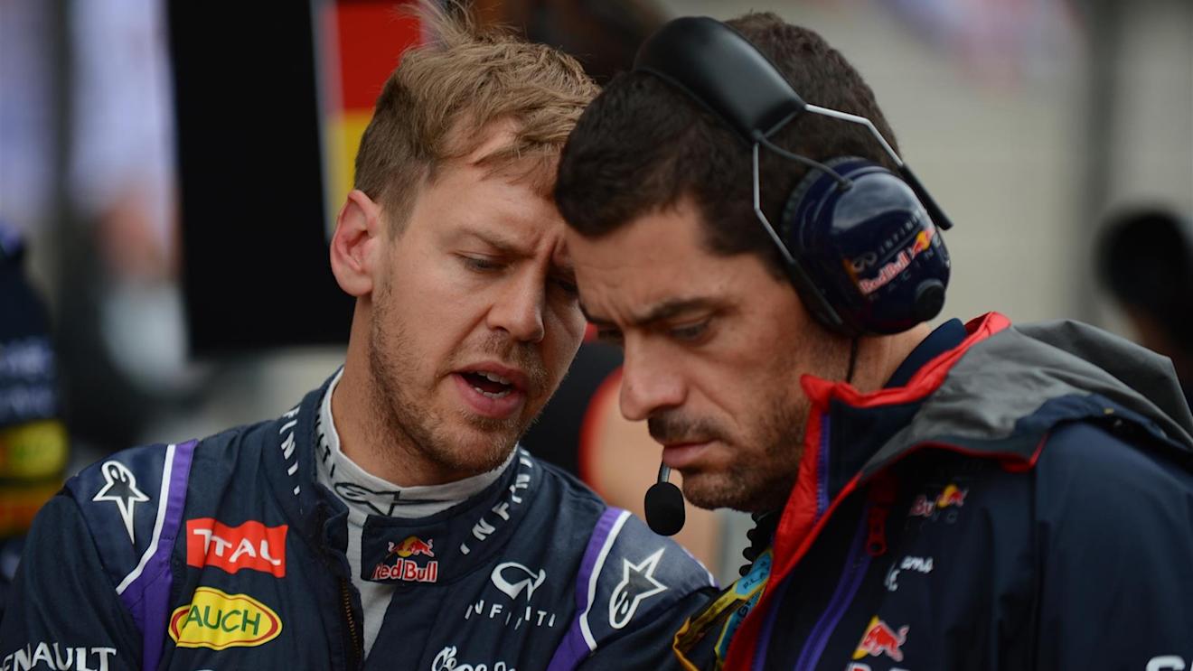 Sebastian Vettel (GER) Red Bull Racing and Guillaume Rocquelin (FRA) Red Bull Racing Race Engineer on the grid. Formula One World Championship, Rd4, Chinese Grand Prix, Race, Shanghai, China, Sunday, 20 April 2014