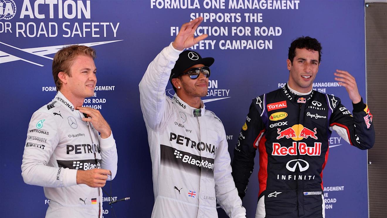 Qualifying photo call and reults: 1st Lewis Hamilton (GBR) Mercedes AMG F1, centre. 2nd Nico Rosberg (GER) Mercedes AMG F1, left. 3rd Daniel Ricciardo (AUS) Red Bull Racing, right. Formula One World Championship, Rd5, Spanish Grand Prix, Qualifying, Barcelona, Spain, Saturday, 10 May 2014
