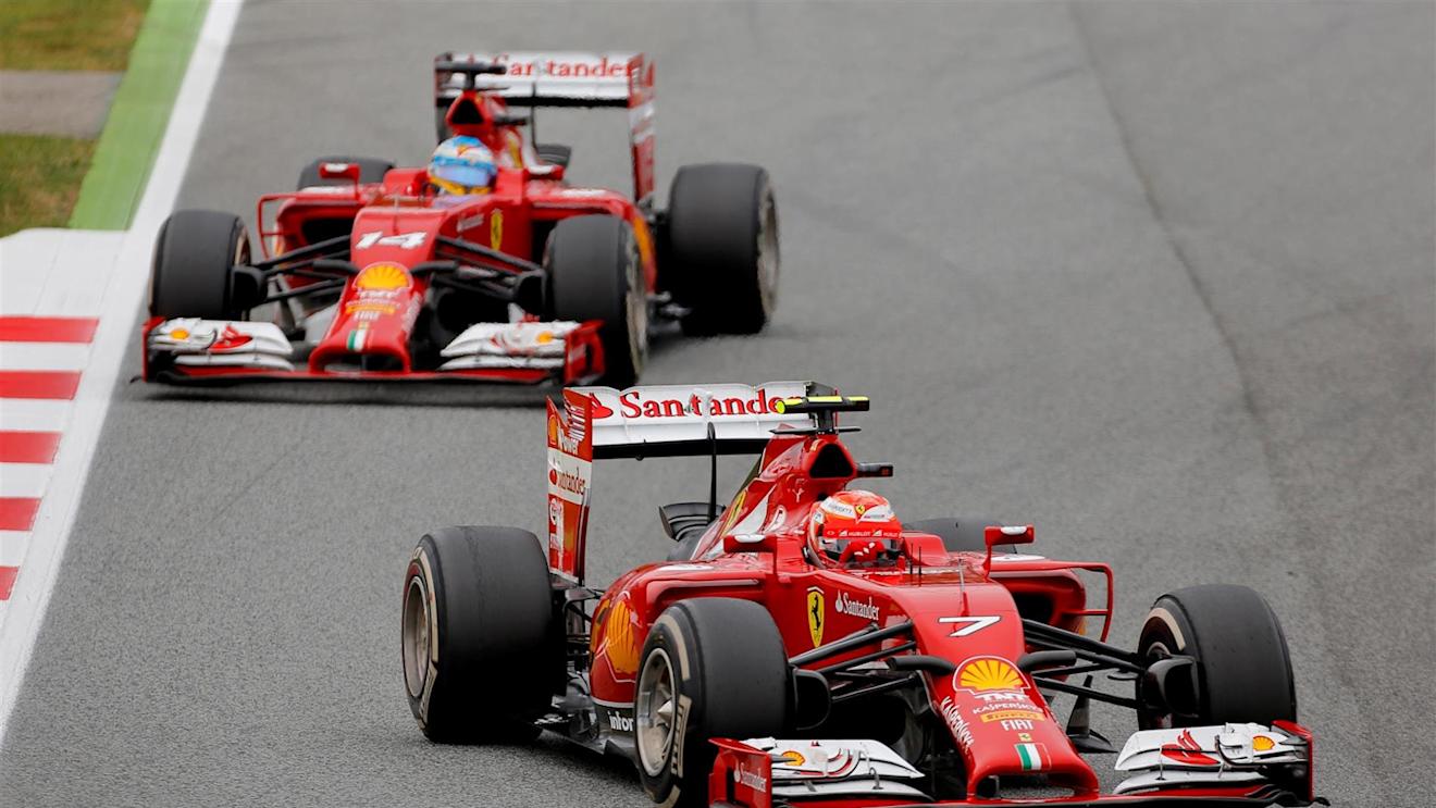 Kimi Raikkonen (FIN) Ferrari F14 T leads Fernando Alonso (ESP) Ferrari F14 T. Formula One World Championship, Rd5, Spanish Grand Prix, Race, Barcelona, Spain, Sunday, 11 May 2014