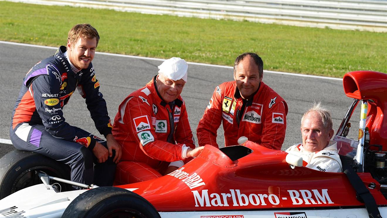 Sebastian Vettel (GER) Red Bull Racing, Niki Lauda (AUT) Mercedes AMG F1 Non-Executive Chairman, Gerhard Berger (AUT) and Dr Helmut Marko (AUT) Red Bull Motorsport Consultant with the BRM P160b. Formula One World Championship, Rd8, Austrian Grand Prix, Qualifying, Spielberg, Austria, Saturday, 21 June 2014