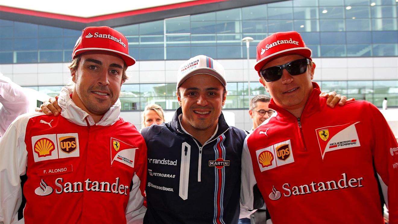 Felipe Massa (BRA) Williams celebrates 200 GP starts with Fernando Alonso (ESP) Ferrari and Kimi Raikkonen (FIN) Ferrari. Formula One World Championship, Rd9, British Grand Prix, Qualifying, Silverstone, England, Saturday, 5 July 2014 © Sutton Images. No reproduction without permission