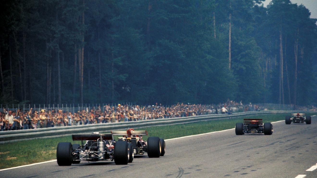 Second Placed Jacky Ickx (BEL) Ferrari 312B leads race winner Jochen Rindt (AUT) Lotus 72C, with race retirees Clay Regazzoni (SUI) Ferrari 312B and Chris Amon (NZL) March 701 following. German Grand Prix, Hockenheim, 2 August 1970. © Sutton Images. No reproduction without permission