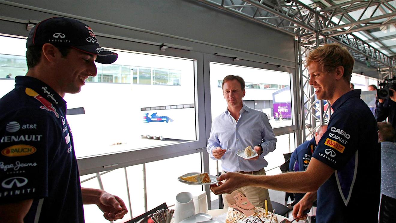 Birthday cakes for Daniel Ricciardo (AUS) Red Bull Racing and Sebastian Vettel (GER) Red Bull Racing. Formula One World Championship, Rd9, British Grand Prix, Preparations, Silverstone, England, Thursday, 3 July 2014 © Sutton Images. No reproduction without permission