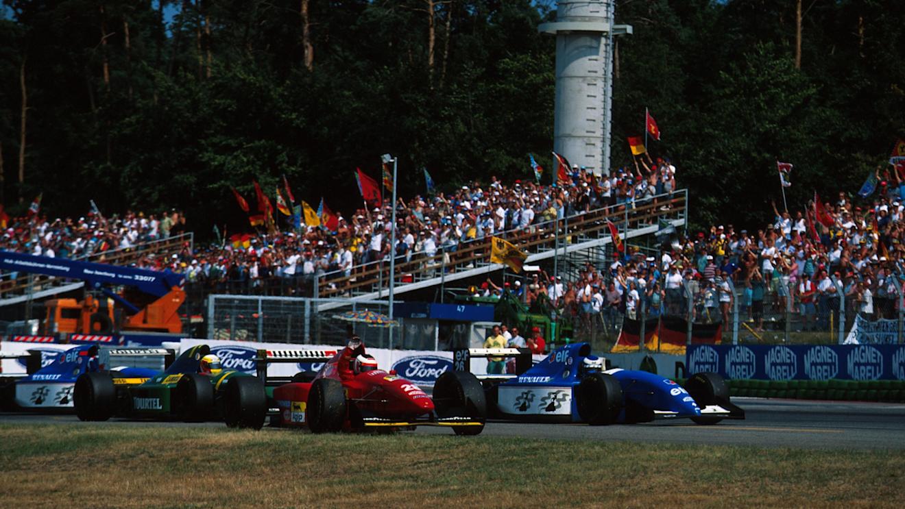 Gerhard Berger (AUT) Ferrari 412T1B celebrates his victory, closely followed by 2nd and 3rd placed drivers, Olivier Panis and Eric Bernard. German Grand Prix, Hockenheim, 31 July 1994. © Sutton Images. No reproduction without permission
