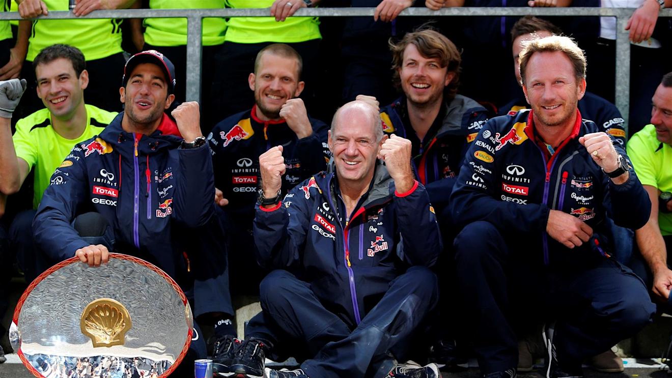 Race winner Daniel Ricciardo (AUS) Red Bull Racing celebrates with Adrian Newey (GBR) Red Bull Racing Chief Technical Officer, Christian Horner (GBR) Red Bull Racing Team Principal and the team. Formula One World Championship, Rd12, Belgian Grand Prix, Race Day, Spa-Francorchamps, Belgium, Sunday, 24 August 2014 © Sutton Images. No reproduction without permission