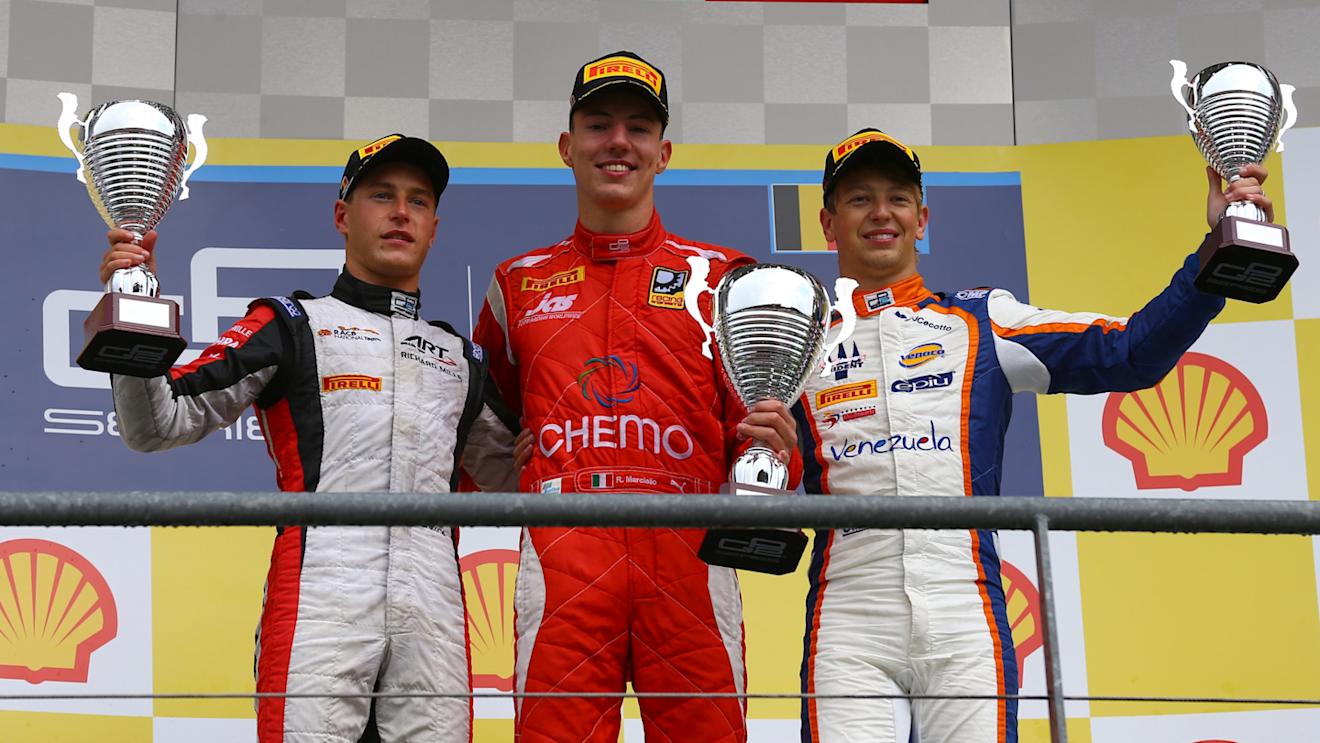 Podium (L to R): Second placed Stoffel Vandoorne (BEL) ART Grand Prix, race winner Raffaele Marciello (ITA) Racing Engineering and third placed Third placed Johnny Cecotto (COL) Trident celebrate on the podium. GP2 Series, Rd8, Spa-Francorchamps, Belgium, 23-24 August 2014. © Sutton Images. No reproduction without permission